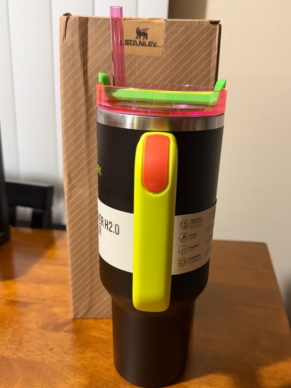 Black Neon Stanley Quencher H2.0 Tumbler - Yellow Handle & Pink Lid/Straw🖤💛🩷🧡💚 - Picture 5 of 6